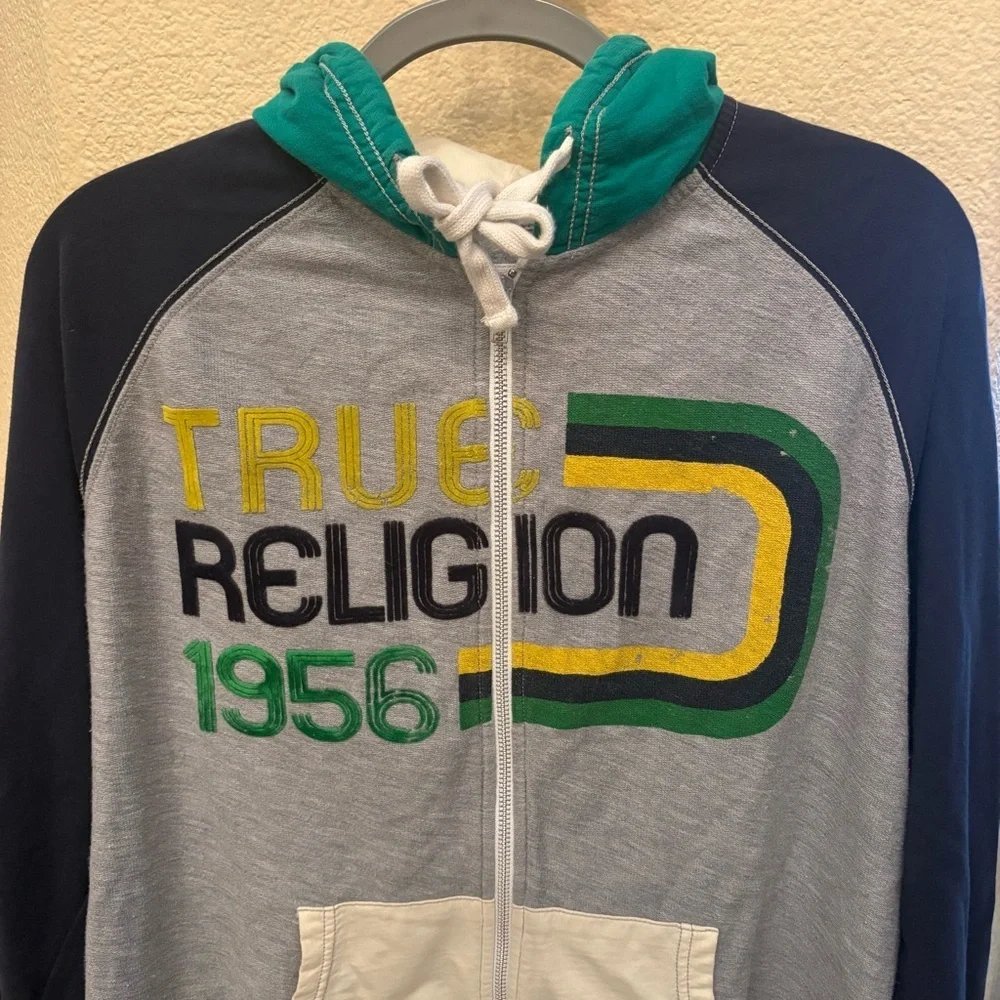 Vintage TRUE RELIGION Men Y2K Rainbow Hoodie Zipped Jacket Size XL